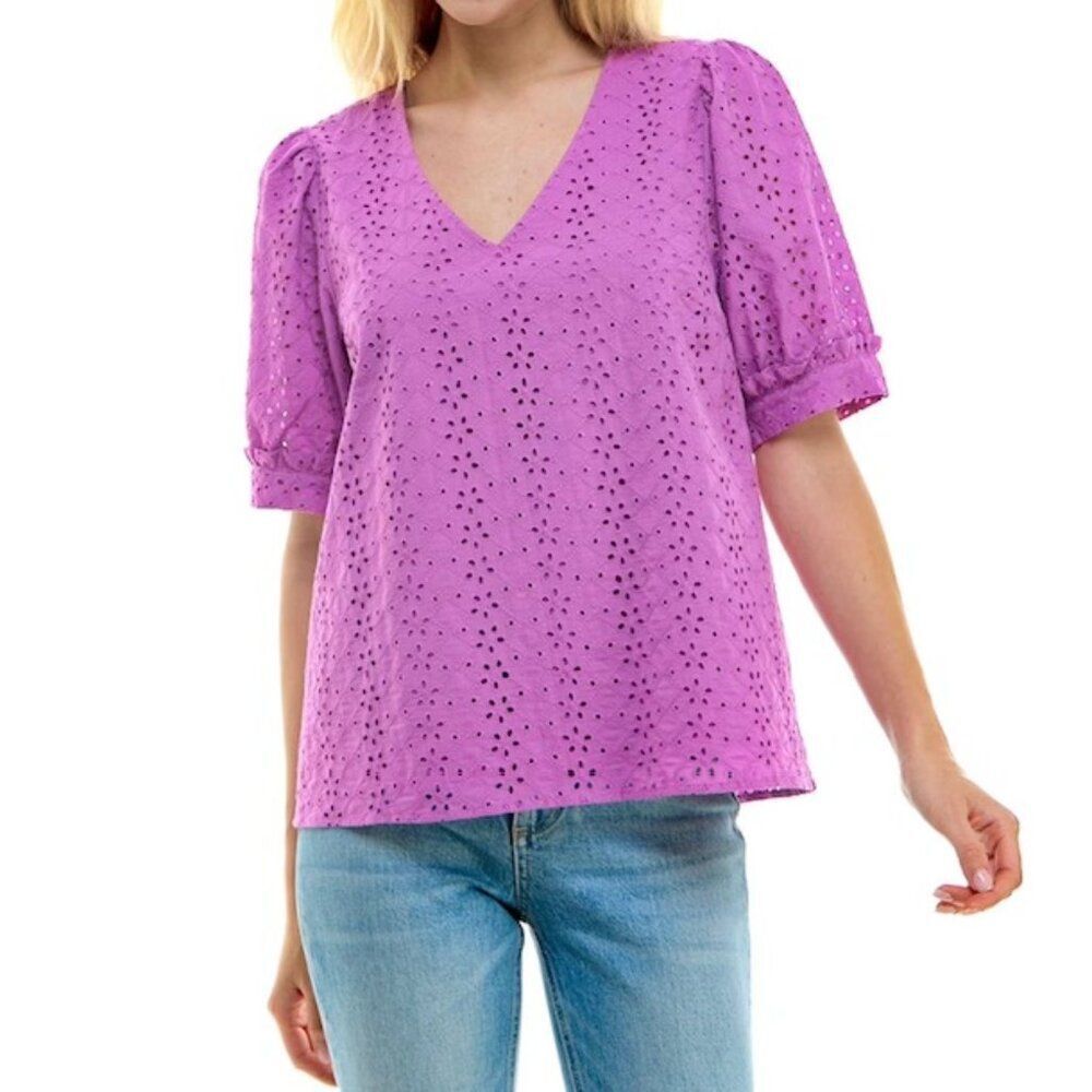 Draper James Purple Eyelet V-neck puff sleeves top, size XL